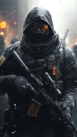 Hooded tactical soldier stands armed in a frozen warzone