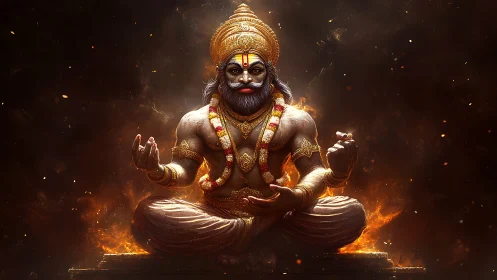 Divine warrior deity in fiery meditation rendered as digital art