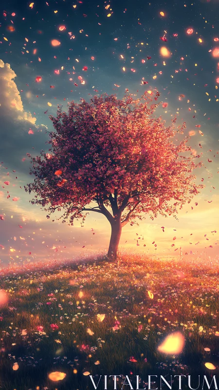 Solitary blossom tree glows over meadow under swirling petals