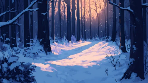 Snowy Forest Path Bathed in Golden Sunrise Glow.