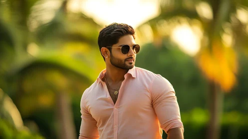 Man in pink shirt stands outdoors amid blurred foliage