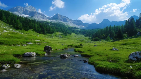 Alpine meadow stream flows beneath towering mountain peaks.