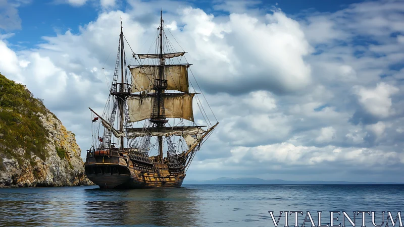 Stately tall ship drifting softly beneath storybook clouds.