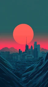 Neon dusk city skyline framed by stylized cyan mountains.