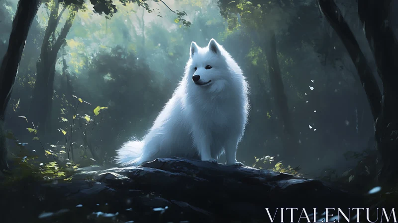 Luminous white dog rests on mossy forest rock in soft backlight