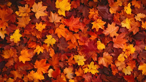 Maple leaves cover ground in dense red and orange autumn layer