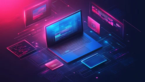 Isometric laptop renders neon UI panels in layered virtual workspace