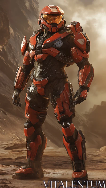 Armored sci fi soldier stands on sunlit alien canyon ridge.