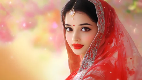 Radiant bride in red dupatta glows against dreamy pastels