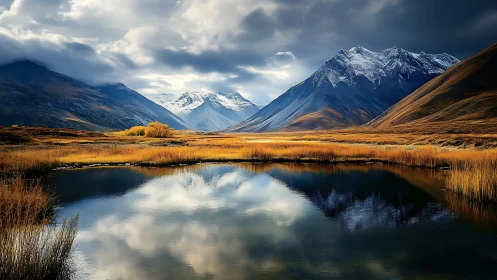 High-contrast alpine basin with mirrored snow peaks and reeds