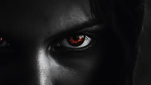 Burning red eyes pierce darkness with predatory focus.