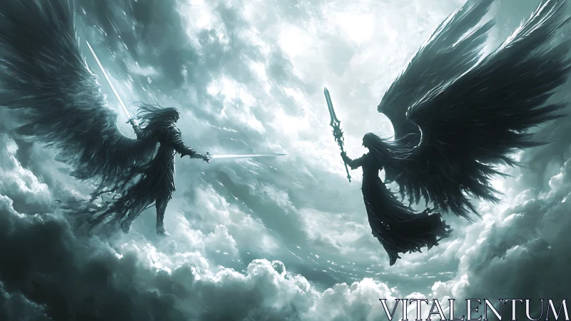 Digital painting of dueling dark angels in storm-split heavens.