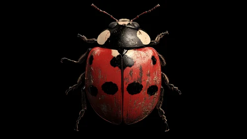 Battle-scarred ladybug portrait in dramatic midnight light.