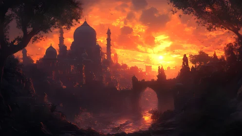 Sunlit domed city glowing beneath a dreamlike fiery sky.