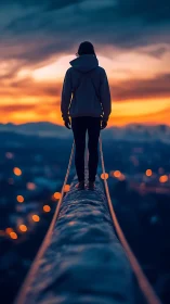 Silhouetted figure stands on elevated beam at dusk in shallow focus
