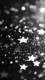 Silver star confetti rests on dark glitter surface in bokeh