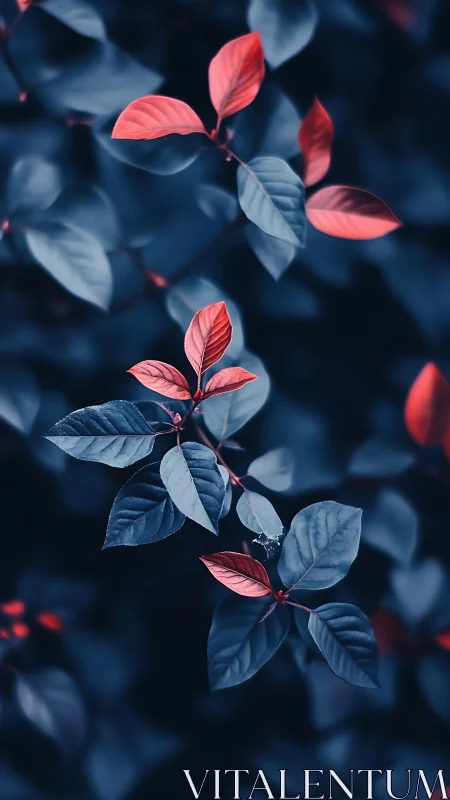 Crimson leaves glow against deep blue foliage background.