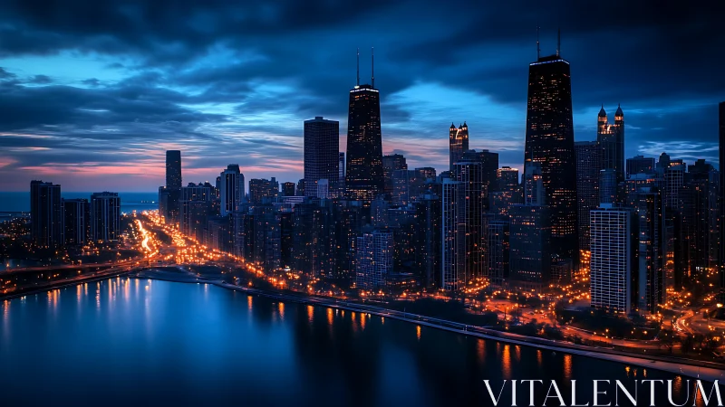 Blue hour city skyline overlooks reflective waterfront lights