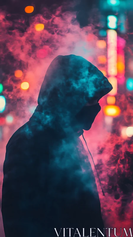 Neon fog crowns a hooded silhouette in electric midnight haze