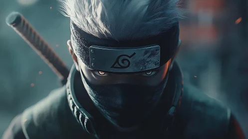 Masked silver haired ninja with sword in moody closeup.