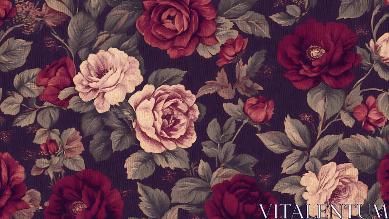Vintage Floral Pattern with Deep Crimson and Blush Roses on Dark Ground