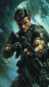 Armed soldier in dense rainforest under heavy rainfall.