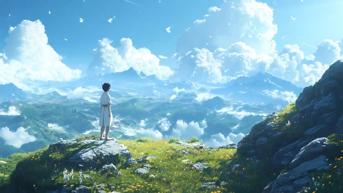 Barefoot dreamer atop cloud-bright valley of distant peaks.