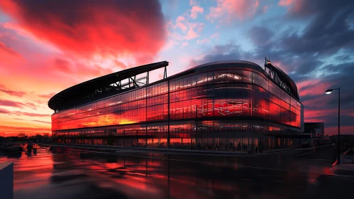 Contemporary Curved Glass Stadium Architecture with Dramatic Sunset Illumination.