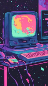 Retro computer workstation in neon cyberpunk palette.
