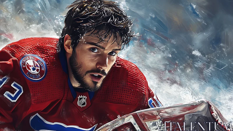 Gritty ice hockey goalie leans forward in charged, icy arena