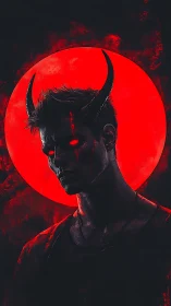 Digital painting portrait of horned demon before crimson moon.