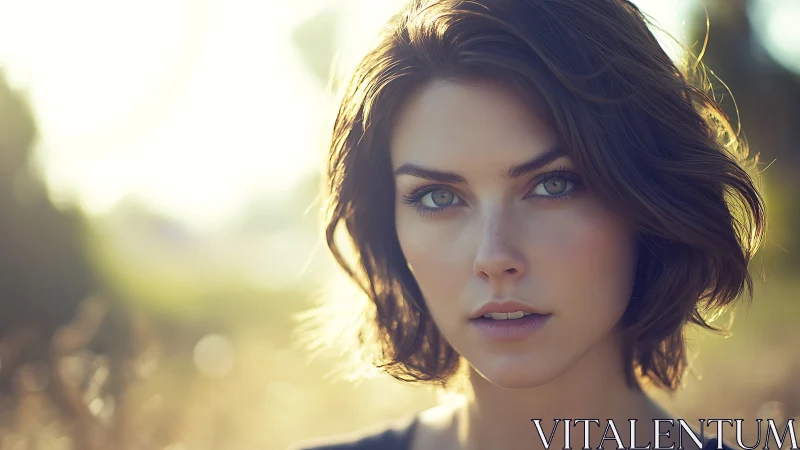 Soft sunlight frames a calm, green-eyed gaze outdoors.