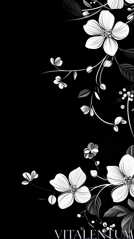 Monochromatic Floral Composition: White Petaled Flowers with Dynamic Branch Structures on Black Back
