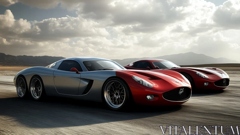 Twin red and silver sports cars on open desert track.