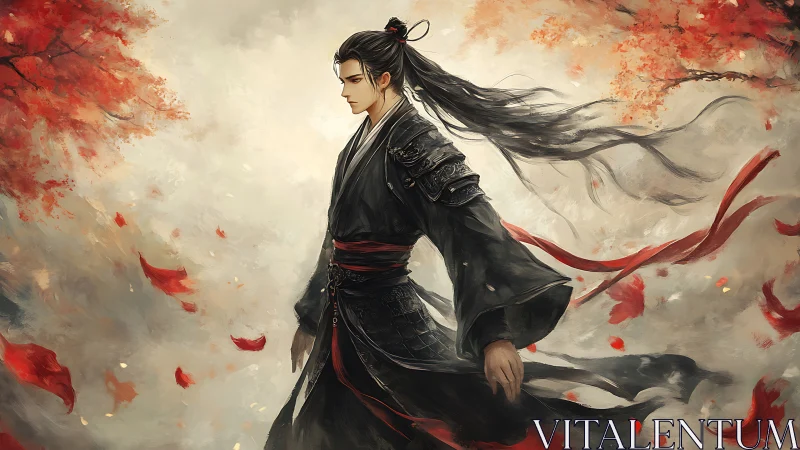 Lone warrior strides through crimson autumn leaves in silence.