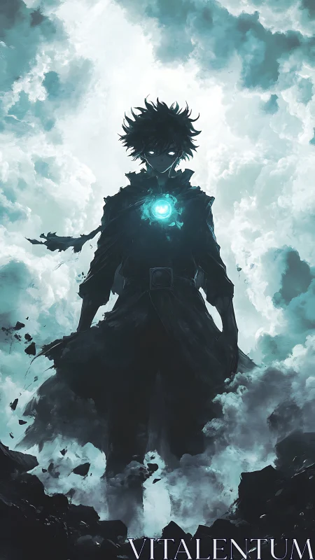 Stormlit silhouette walks with a glowing heart of thunder