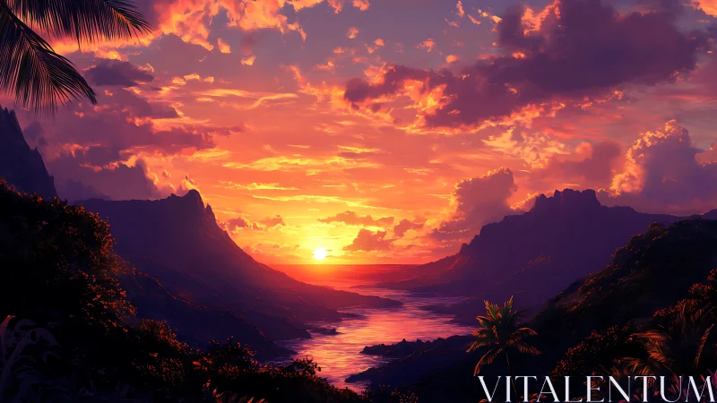 Sun sets between coastal mountains over reflective ocean