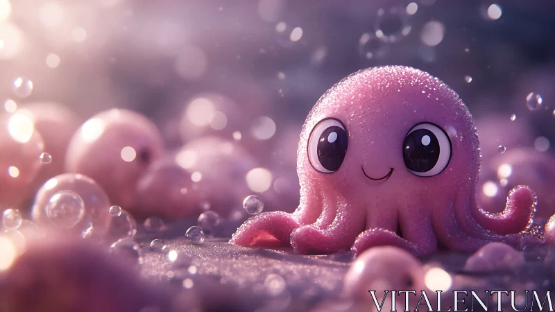 Macro render of dewy pink cartoon octopus under soft bokeh lighting