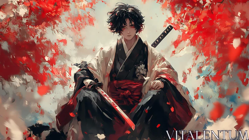 Samurai warrior seated in crimson maple storm, digital art.