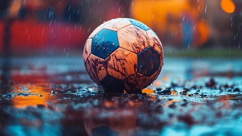 Photorealistic wet soccer ball in rain-soaked street scene.