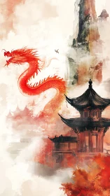 Crimson dragon coils above misted pagoda in ethereal ink wash