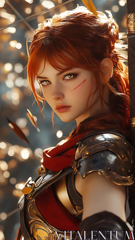 Ember haired warrior pauses mid battle, eyes bright with fire