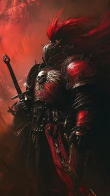 Crimson warlord stands proud in burning battlefield haze