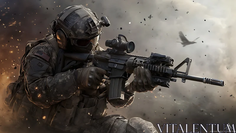 Armed soldier in combat gear aiming rifle in smoky field.