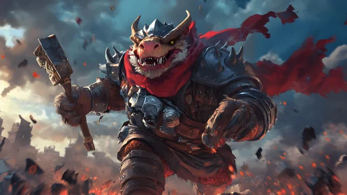 Armored dragon warrior charges through burning battlefield.