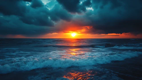 Storm-dark waves cradle a blazing core of ocean sunset light