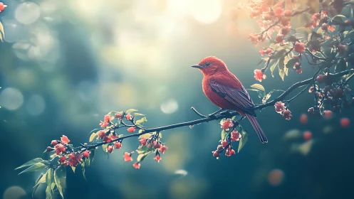 Vibrant red bird on blossoming branch in dreamy soft focus scene.
