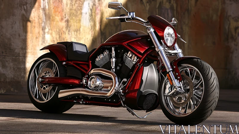 Custom red cruiser motorcycle showcases chrome power stance