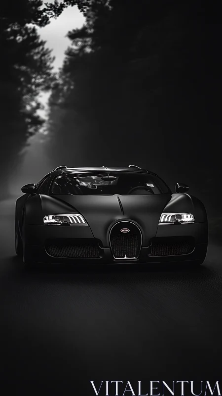 Midnight hypercar hunts the road through shadowed forest.