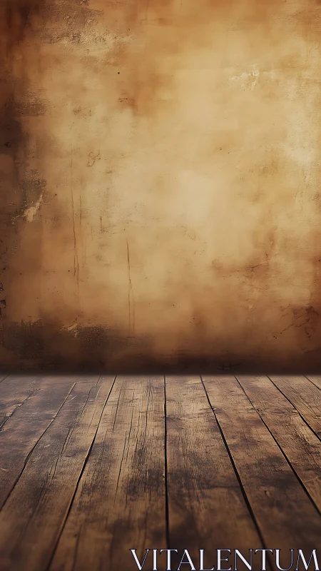Aging wooden floor meets textured ochre wall in warm light